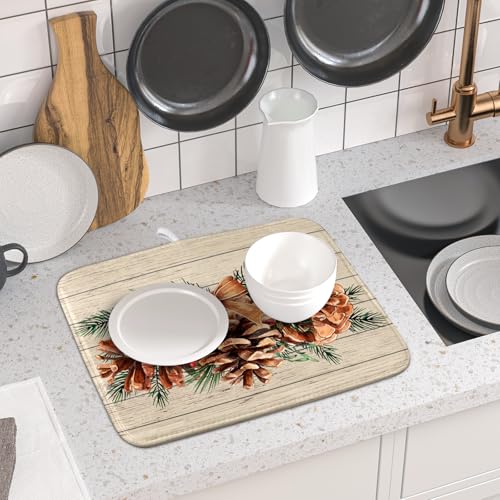 Winter Pine Cone Dish Drying Mat Holly Berries Dish Draining Mat Microfiber Washable Dish Drainer Rack Mat for Home Kitchen Counter 16"x18" (Winter Pine Cone / 16" x 18")