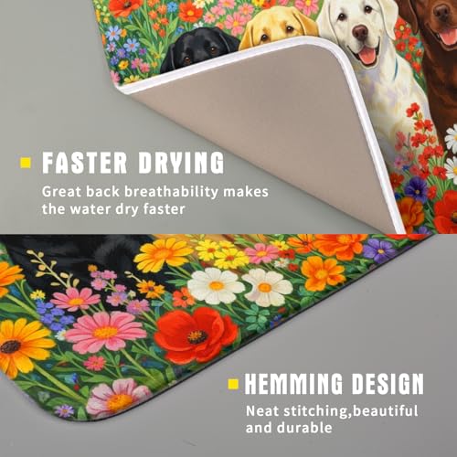 Flower Dog Dish Drying Mat Spring Floral Microfiber Absorbent Dish Drying Pad for Kitchen Counter (Flower Dog Colorful / 18" x 16")