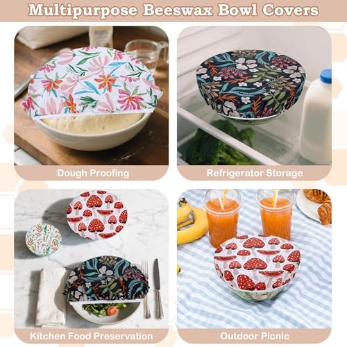 5Pcs Reusable Beeswax Elastic Bowl Covers for Bread Proofing and Food Cover (Mushroom)