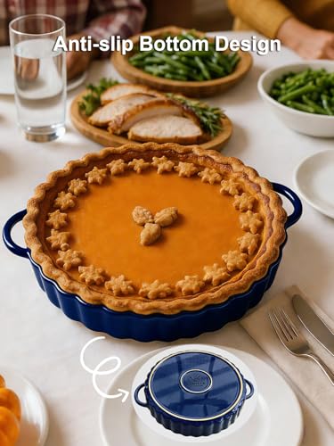 10×2in Deep Ceramic Pie Pan with Handles for Pie Quiche Tart Baking. Easy to grip (Blue / 10IN*2IN)