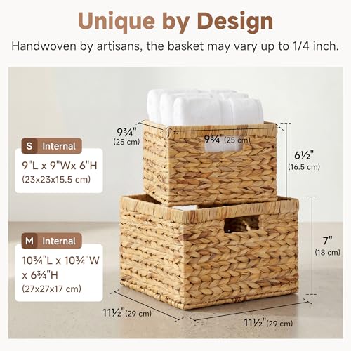 Wicker Baskets for Storage (Natural (Water Hyacinth) / 11½"L x 11½"W x 7"H + 9¾"L x 9¾"W x 6½"H)