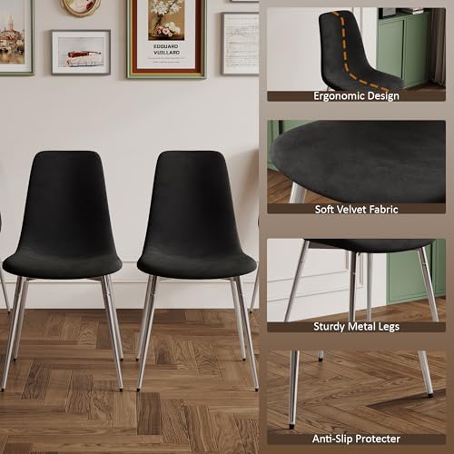36" Square Glass Dining Table Set for 4 (Silver Square Table/Black Velvet Chairs / 5 Pieces)
