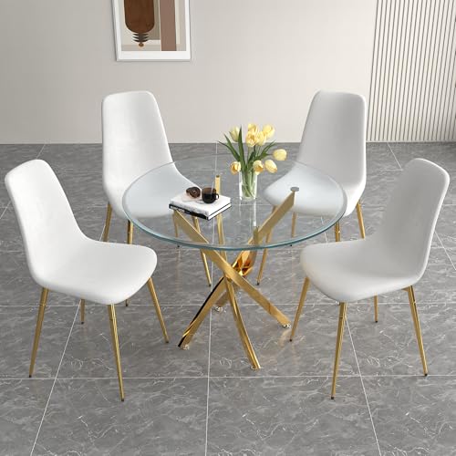 36" Round Glass Dining Table Set for 4 (Gold Round Table/White Velvet Chairs / 5 Pieces)