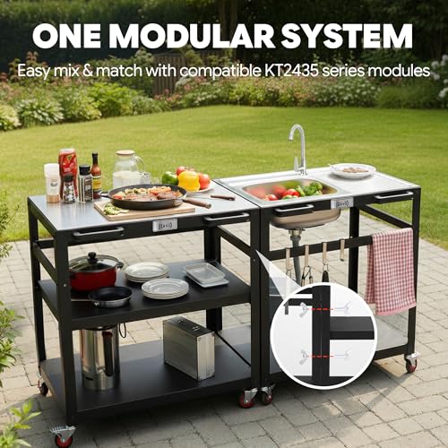 35" Movable Outdoor Grill Cart with Stainless Steel Sink & Faucet (Sliver)