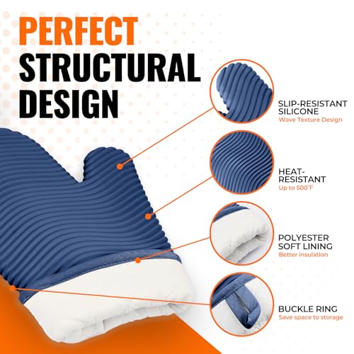 Silicone Oven Mitts (2PCS-12"L x 7"W/BLUE-WAVE SURFACE)