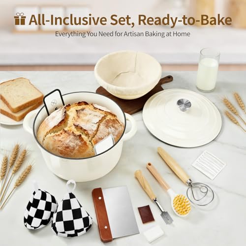 Enameled Cast Iron Dutch Oven pot 6.5 QT with Lid for Bread Baking (Cream White)