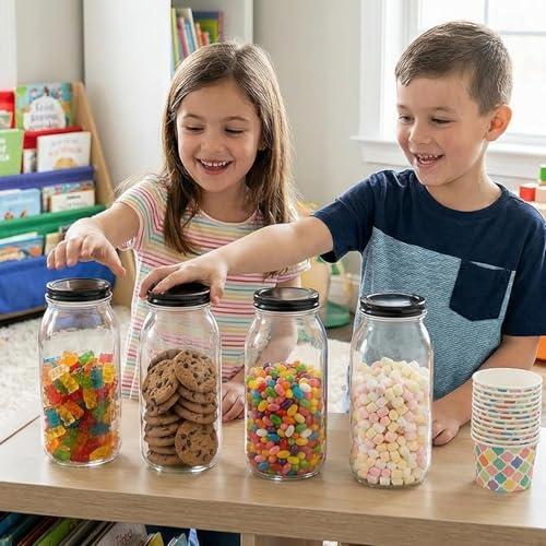 64 oz Large Plastic Mason Jars with Airtight Lids Wide Mouth (2 Pack Black)