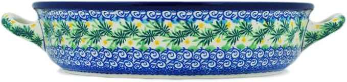 Polmedia Polish Pottery Round Baker with Handles 10-inch UNIKAT - Cozy Bullfinch Pattern Handmade in Boleslawiec Poland by Ceramika Artystyczna + Certificate of Authenticity