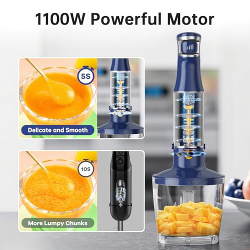 Immersion Blender Handheld 5 in 1 Hand Blender Set 1100W Heavy Duty (Navy Blue / 5 in 1)