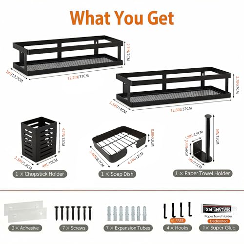 5-in-1 Shower Caddy & Kitchen Organizer Set, Wall Mount Wide Spice Rack with Paper Towel Holder, Utensil Holder, Soap Dish, Rustproof Mesh Baskets Hold 50LBS - Matte Black, Guardrail (Matte Black / 5-in-1 Minimalist (12.6" Wide))
