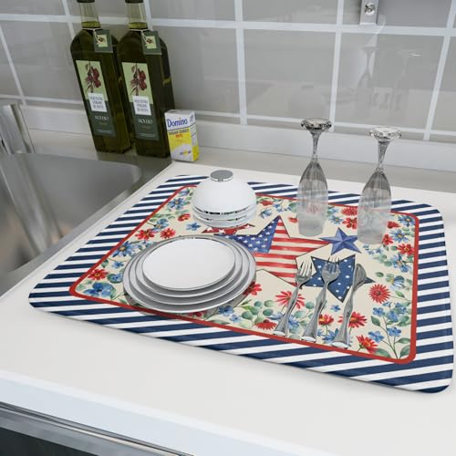 Patriotic Stars Dish Drying Mat for Kitchen Counter 4th of July Holiday Absorbent Reversible Microfiber Dish Pad Large (Patriotic Stars Blue / 24" x 18")