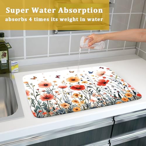 Poppy Flower Dish Drying Mat 18x24 Inch Floral Leaves Dish Drainer Protector Pad Washable Reversible Drying Pad for Kitchen Counter Sink (Poppy Flower / 18 x 24 inch)
