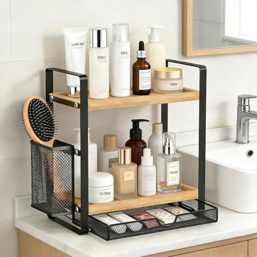 2 Tier Spice Rack Organizer for Countertop with Drawer and Basket