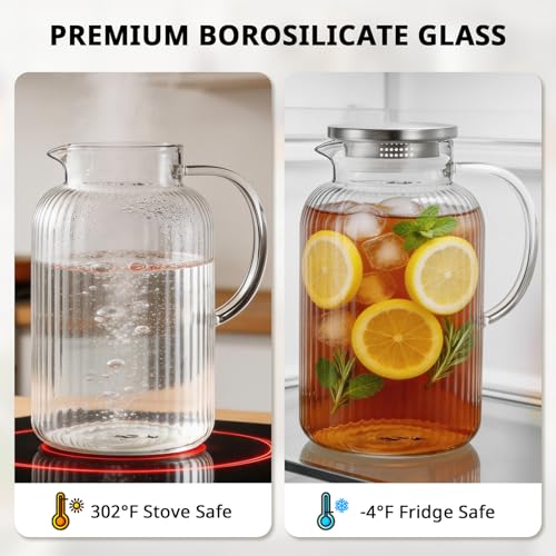 1 Gallon Glass Pitcher with Lid and Handle (Stripes Clear / 128 Ounces)