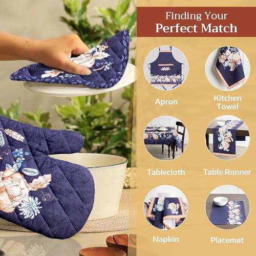 100% Cotton Oven Mitt & Pot Holder Set (072 - Pumpkin Blues / 7.5" x 13" & 8" x 8" (Oven Mitt & Pot Holder))
