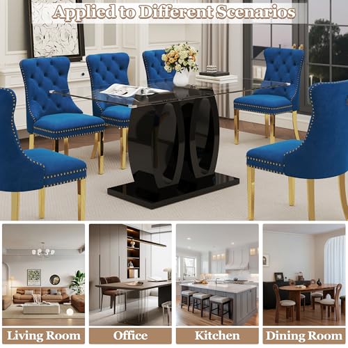 63" Glass Dining Table Set for 6 (Black Table & Gold Blue Chair / 7-Piece Set-Double O-Shaped Table)