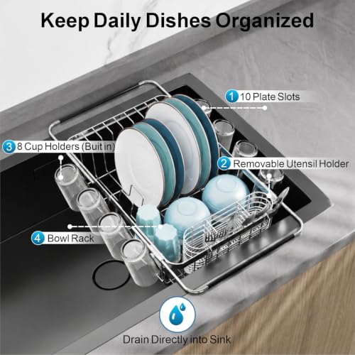 Dish Drying Rack Over the Sink (Silver / For 11.5"-30"W Sink, Metal Utensil Holder)