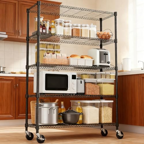 1750LBS 47.2" W 5 Tiers Storage Shelves Metal Shelving Unit with Wheels Heavy Duty Garage Shelving Adjustable Wire Shelves for Pantry (5 tier, 17.7" D x 47.2" W x 76.8" H / Black)