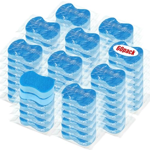 60 Pcs Individually Wrapped Sponges Kitchen Bulk Cleaning (Blue)
