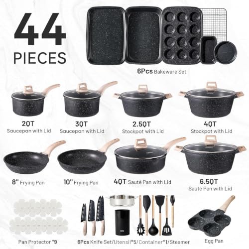 44pcs Nonstick Cookware Sets (Classic Black / 44 Piece)