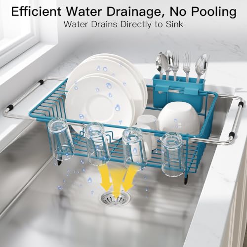 Blue Dish Drying Rack in Sink with Drainboard and Utensil Holder (Blue / For 12"-30"w Sink, with Drainboard)