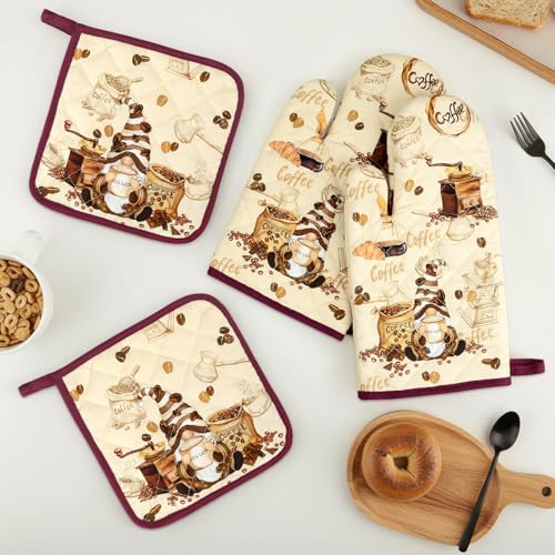 Coffee Gnome Oven Mitts and Pot Holders Set (Coffee / Oven Mitt x2 & Pot Holder x2)
