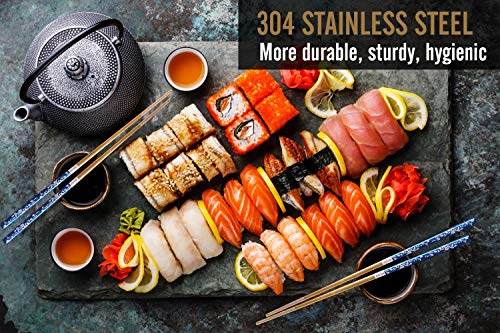Metal Chopsticks Titanium Plated Stainless Steel Chopsticks Reusable Dishwasher safe Japanese Korean Chopstick lightweight Laser Engraved Anti (Blue gold)
