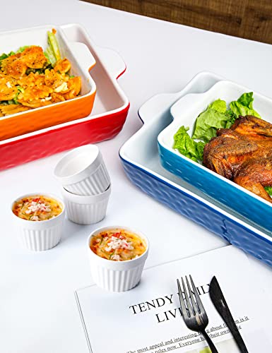 Ceramic Baking Dish and Ramekins Set Casserole Dish with Handles Packaging Upgrade Nonstick Ceramic Bakeware Ramekins Bowls for Baking Souffle (Red)