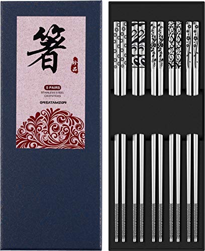 Metal Chopsticks Reusable 316 Stainless Steel Chopsticks Multipack Dishwasher Safe Chop Sticks Square Fancy Laser Engraved Non (Shiny silver 316 stainless steel)