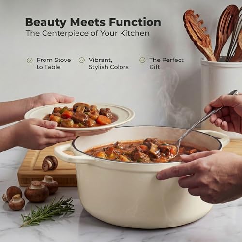5 Quart Enameled Cast Iron Dutch Oven Pot with Lid (Ivory / 5 Quart)