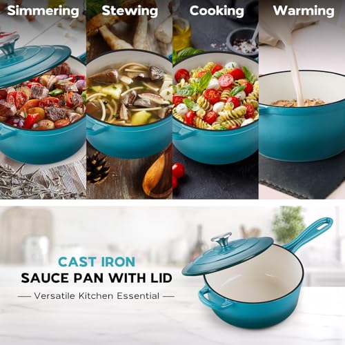 3QT Enameled Cast Iron Saucepan with Lid (Dark Cyan / 3 Quarts)