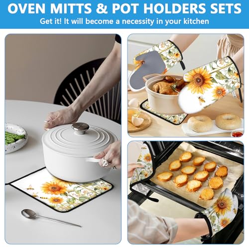 Watercolor Sunflower Oven Mitts and Pot Holders Sets Heat Resistant 4Pcs Busy Bee Potholders Oven Gloves Hot Pads for Kitchen Baking Cooking Grilling BBQ (Watercolor Sunflower and Busy Bee)