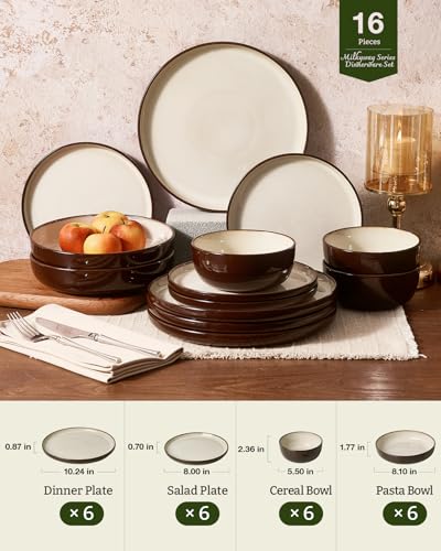 Milkyway 16 Piece Stoneware Dinnerware Set with Pasta Bowls (Light khaki & Cocoa / Service for 4 (Include Pasta Bowls))
