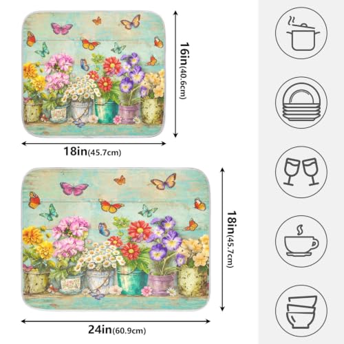 Spring Floral Butterfly Rustic Dish Drying Mat for Kitchen Counter Absorbent Microfiber Large Drying Pad Dish mats for Kitchen Countertops 18 x 24 Inch (Spring Floral / 24" x 18")