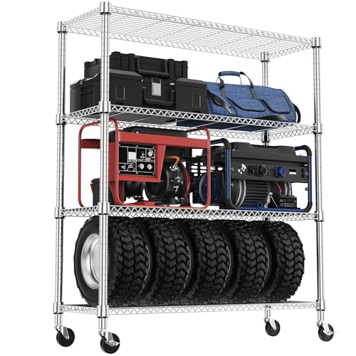 1400LBS 47.2" W 4 Tiers Storage Shelves Metal Shelving Unit with Wheels Heavy Duty Garage Shelving Adjustable Wire Shelves for Pantry (4 Tiers, 17.7"D x 47.2"W x 62.6"H / Chrome)
