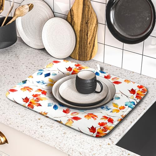 Autumn Leaf Dish Drying Mat Fall Colorful Leaves Absorbent Dish Drain Mats for Kitchen Counter (Autumn Leaf 606 / 18" x 16")