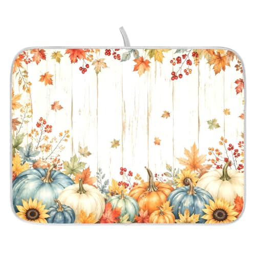 Thanksgiving Dish Drying Mat for Kitchen Counter Absorbent Microfiber Pumpkin Sunflower Fall Autumn Large Drying Pad Dish Mats for Kitchen Countertops 18 x 24 Inch (Thanksgiving Pumpkin / 24" x 18")