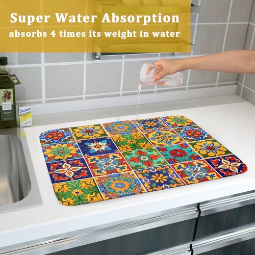 Mexican Tiles Dish Drying Mat for Kitchen Counter Absorbent Microfiber Dish Drying Pad Kitchen Gadgets Multi (Mexican Tiles Blue / 24" x 18")