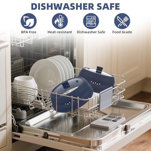 2 Pack Microwave Splatter Cover Glass Guard Lid with Collapsible Silicone for Food Pot Plate 8.5 inch and 9.8 inch Dark Blue (DARK BLUE / Taller style 8.5 inch+common style 9.8")