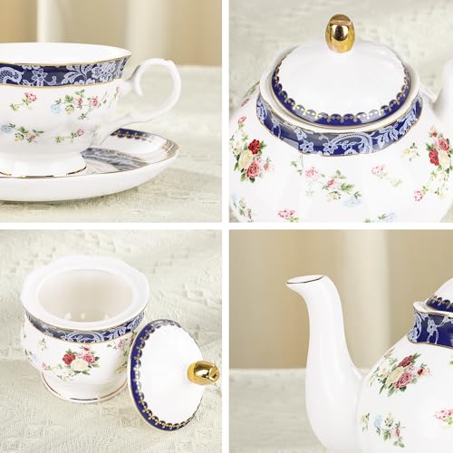21 Piece Blue Lace and Roses Bone China Tea Sets for Adults (21 Count)