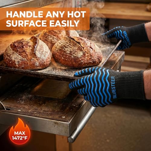 BBQ Gloves 1472°F Heat Resistant Oven Gloves with Fingers (Black-blue / One Size Fits Most)