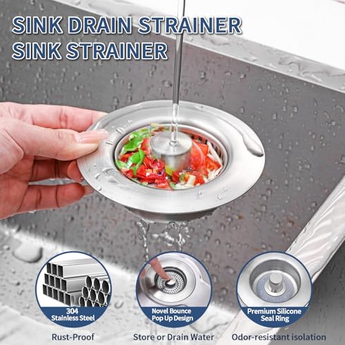 3-in-1 Kitchen Sink Drain Strainer - Pop Up Sink Stopper, Stainless Steel Sink Drain Strainer, Kitchen Sink Stopper & Drain Plug with Anti-Clogging Basket,Sink Strainer Fits US Standard 3-1/2'' Drains (Sus304 Brushed 1pack)
