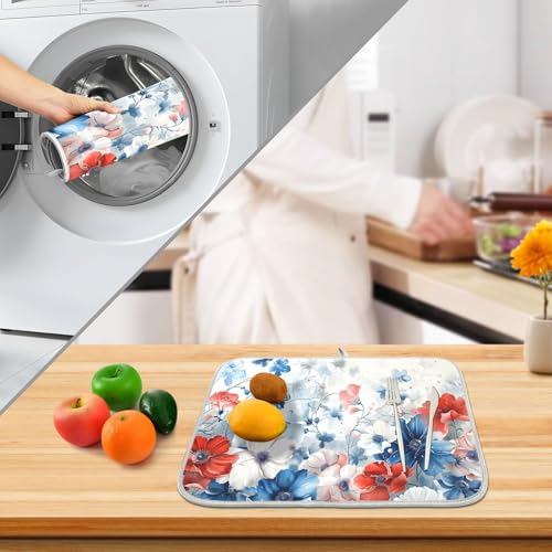 4th of July Patriotic Blue Red White Flowers Dish Drying Mat for Kitchen Ccounter Absorbent Microfiber Small Independence Day Drying Pad Dish Mats for Kitchen Countertops 16 x 18 Inch (18" x 16")
