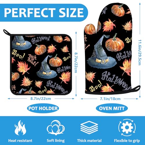 Halloween Pumpkin Autumn Maple Leave Oven Mitts and Pot Holders Sets Heat Resistant 4Pcs Potholders Oven Gloves Hot Pads for Kitchen Baking Cooking Grilling BBQ (Halloween Pumpkin Autumn Maple Leave)