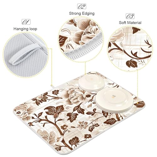 Brown Beige Floral Leaves Dish Drying Mat for Kitchen Counter Absorbent Microfiber Drying Pad (18" x 24")