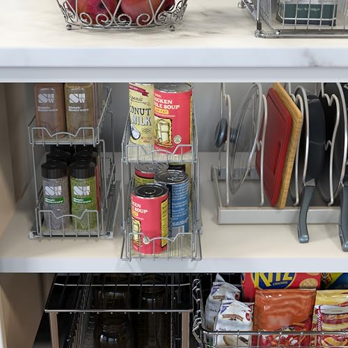 2 Tier Spice Rack Slide Out Wire Basket Drawer (Silver)