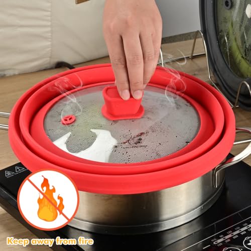Microwave Splatter Cover Glass Splatter Guard Lid with Collapsible Silicone for Food Pot Plate Cover 10.8 inch Red (Red / 10.8 inch)