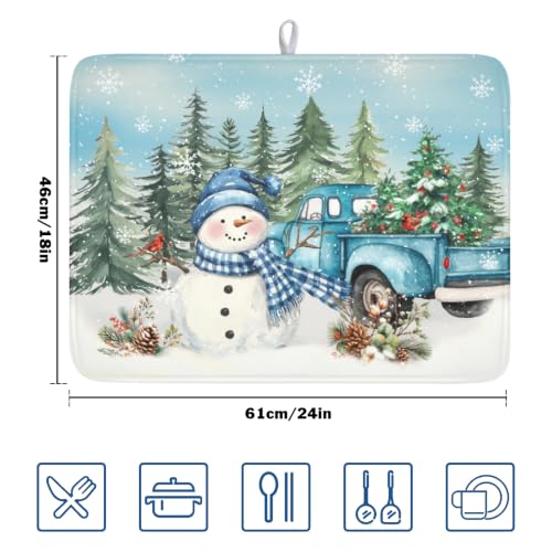 Winter Snowman Blue Dish Drying Mat Xmas Truck Dishes Pad 18"x24" Microfiber Absorbent Drainer Rack Mats Protector for Kitchen Counter Sink (Blue Snowman Truck / 18x24 inch)