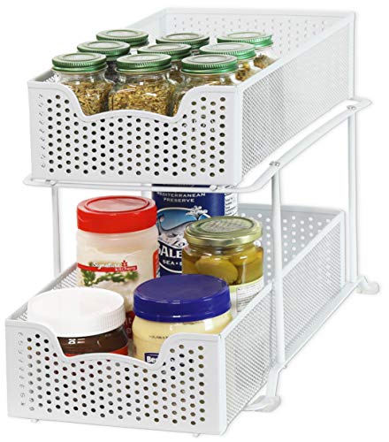 2 Tier Sliding Cabinet Basket Organizer Drawer (White / 1-Pack)