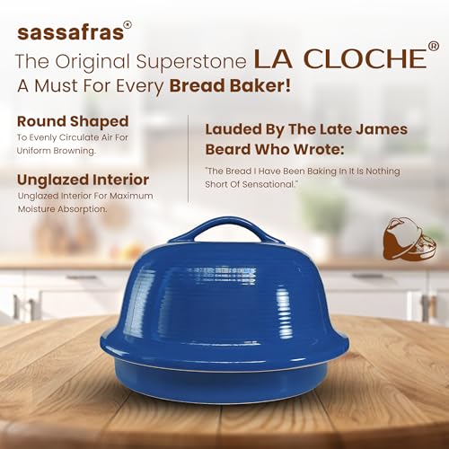 Superstone® Stoneware La Cloche® Bread Baker with Blue Glazed Exterior and Unglazed Interior Bakes an Artisan Bread with Crusty Crust and a Light Crumb (Blue)